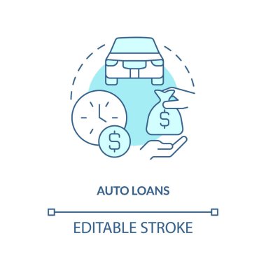 Auto loans turquoise concept icon. Bank product for customer. Financial support abstract idea thin line illustration. Isolated outline drawing. Editable stroke. Arial, Myriad Pro-Bold fonts used