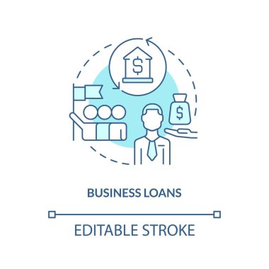 Business loans turquoise concept icon. Financial aid. Bank offer for entrepreneurs abstract idea thin line illustration. Isolated outline drawing. Editable stroke. Arial, Myriad Pro-Bold fonts used