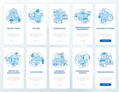 Choosing credit union and bank blue onboarding mobile app screen set. Walkthrough 5 steps editable graphic instructions with linear concepts. UI, UX, GUI template. Myriad Pro-Bold, Regular fonts used