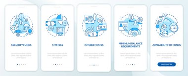 Choosing credit union blue onboarding mobile app screen. Banking walkthrough 5 steps editable graphic instructions with linear concepts. UI, UX, GUI template. Myriad Pro-Bold, Regular fonts used