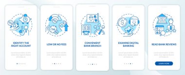 Choose bank blue onboarding mobile app screen. Customer benefits walkthrough 5 steps editable graphic instructions with linear concepts. UI, UX, GUI template. Myriad Pro-Bold, Regular fonts used
