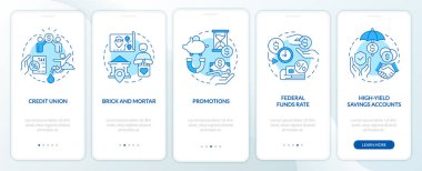 Savings accounts blue onboarding mobile app screen. Banking service walkthrough 5 steps editable graphic instructions with linear concepts. UI, UX, GUI template. Myriad Pro-Bold, Regular fonts used