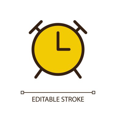 Alarm clock pixel perfect RGB color ui icon. Wake up in morning routine. Simple filled line element. GUI, UX design for mobile app. Vector isolated pictogram. Editable stroke. Arial font used