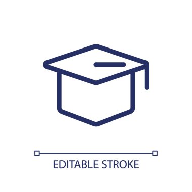 Mortarboard hat pixel perfect linear ui icon. Square bachelor graduation cap. Academic attire. GUI, UX design. Outline isolated user interface element for app and web. Editable stroke. Arial font used