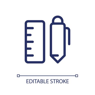 School stationery pixel perfect linear ui icon. Pen with ruler. Writing materials. GUI, UX design. Outline isolated user interface element for app and web. Editable stroke. Arial font used