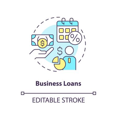 Business loans concept icon. Finances for new project. Corporate banking abstract idea thin line illustration. Isolated outline drawing. Editable stroke. Arial, Myriad Pro-Bold fonts used