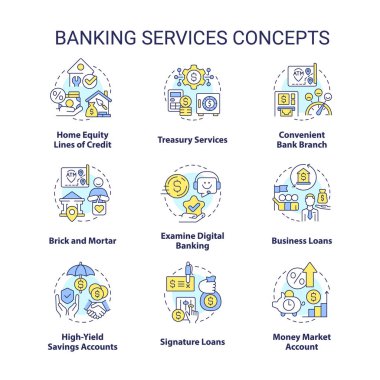 Banking services concept icons set. Financial operations system. Money protection idea thin line color illustrations. Isolated symbols. Editable stroke. Roboto-Medium, Myriad Pro-Bold fonts used