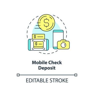Mobile check deposit concept icon. Online access to savings. Digitization banking abstract idea thin line illustration. Isolated outline drawing. Editable stroke. Arial, Myriad Pro-Bold fonts used