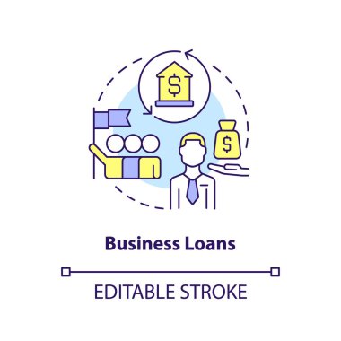 Business loans concept icon. Financial support. Bank offer for entrepreneurs abstract idea thin line illustration. Isolated outline drawing. Editable stroke. Arial, Myriad Pro-Bold fonts used