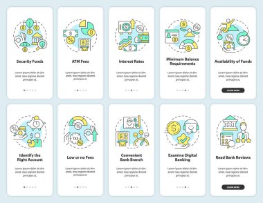 Choosing credit union and bank onboarding mobile app screen set. Walkthrough 5 steps editable graphic instructions with linear concepts. UI, UX, GUI template. Myriad Pro-Bold, Regular fonts used