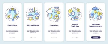 Savings accounts onboarding mobile app screen. Banking service walkthrough 5 steps editable graphic instructions with linear concepts. UI, UX, GUI template. Myriad Pro-Bold, Regular fonts used