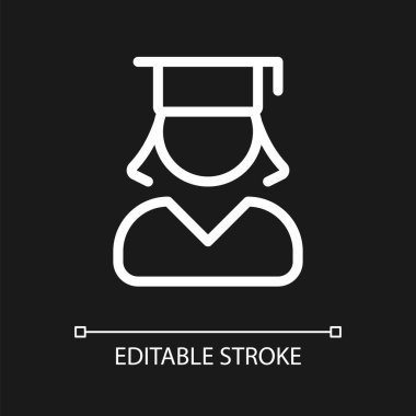 Female student pixel perfect white linear ui icon for dark theme. Graduate. Alumna of university. Vector line pictogram. Isolated user interface symbol for night mode. Editable stroke. Arial font used
