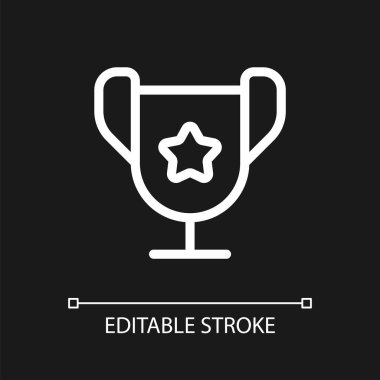 Trophy cup pixel perfect white linear ui icon for dark theme. Outstanding student award. Vector line pictogram. Isolated user interface symbol for night mode. Editable stroke. Arial font used