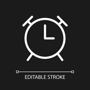 Alarm clock pixel perfect white linear ui icon for dark theme. Wake up in morning routine. Vector line pictogram. Isolated user interface symbol for night mode. Editable stroke. Arial font used