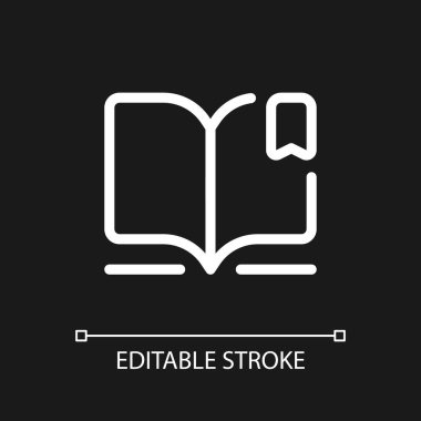 Reading e book pixel perfect white linear ui icon for dark theme. Digital library. Education. Vector line pictogram. Isolated user interface symbol for night mode. Editable stroke. Arial font used