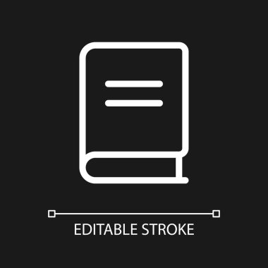 Closed book pixel perfect white linear ui icon for dark theme. Educational material. Vector line pictogram. Isolated user interface symbol for night mode. Editable stroke. Arial font used