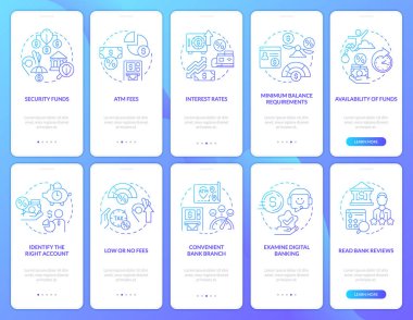 Choosing credit union and bank blue gradient onboarding mobile app screen set. Walkthrough 5 steps graphic instructions with linear concepts. UI, UX, GUI template. Myriad Pro-Bold, Regular fonts used