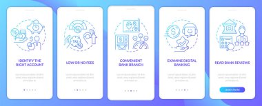 Choose bank blue gradient onboarding mobile app screen. Customer benefits walkthrough 5 steps graphic instructions with linear concepts. UI, UX, GUI template. Myriad Pro-Bold, Regular fonts used