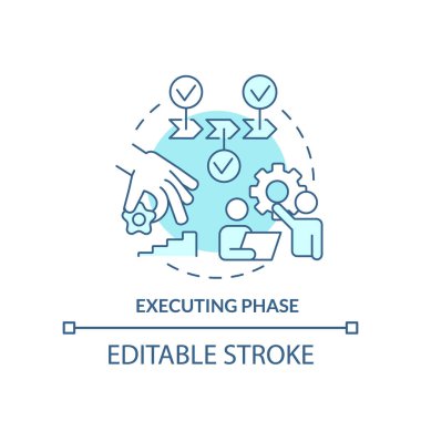Executing phase turquoise concept icon. Tasks completing. Project management abstract idea thin line illustration. Isolated outline drawing. Editable stroke. Arial, Myriad Pro-Bold fonts used