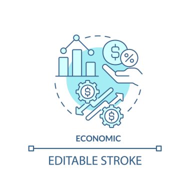 Economic turquoise concept icon. Business and commerce improvement. PESTLE tool abstract idea thin line illustration. Isolated outline drawing. Editable stroke. Arial, Myriad Pro-Bold fonts used
