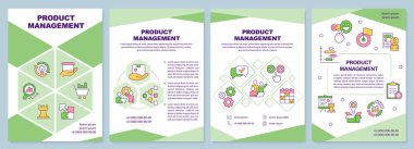 Product management green brochure template. Lifecycle control. Leaflet design with linear icons. Editable 4 vector layouts for presentation, annual reports. Arial-Black, Myriad Pro-Regular fonts used