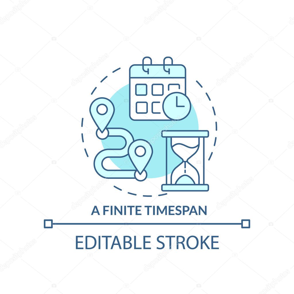 Finite timespan turquoise concept icon. Definite start and end. Project management abstract idea thin line illustration. Isolated outline drawing. Editable stroke. Arial, Myriad Pro-Bold fonts used