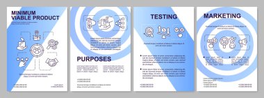 Minimum viable product factor blue brochure template. Business. Leaflet design with linear icons. 4 vector layouts for presentation, annual reports. Arial, Myriad Pro-Regular fonts used