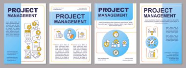 Project management blue brochure template. Business development. Leaflet design with linear icons. 4 vector layouts for presentation, annual reports. Arial, Myriad Pro-Regular fonts used