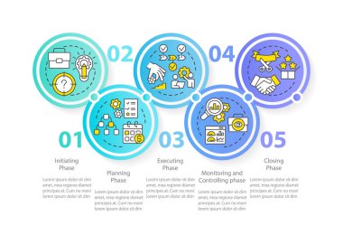 Project management phases circle infographic template. Business. Data visualization with 5 steps. Editable timeline info chart. Workflow layout with line icons. Myriad Pro-Regular font used