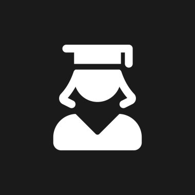 Female student dark mode glyph ui icon. Graduate. Alumna of university. User interface design. White silhouette symbol on black space. Solid pictogram for web, mobile. Vector isolated illustration
