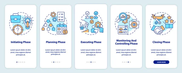 Phases Project Management Onboarding Mobile App Screen Business Walkthrough Steps — стоковый вектор