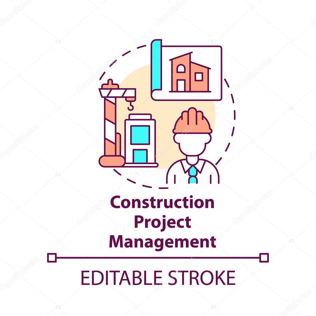 Construction project management concept icon. Business development strategy abstract idea thin line illustration. Isolated outline drawing. Editable stroke. Arial, Myriad Pro-Bold fonts used