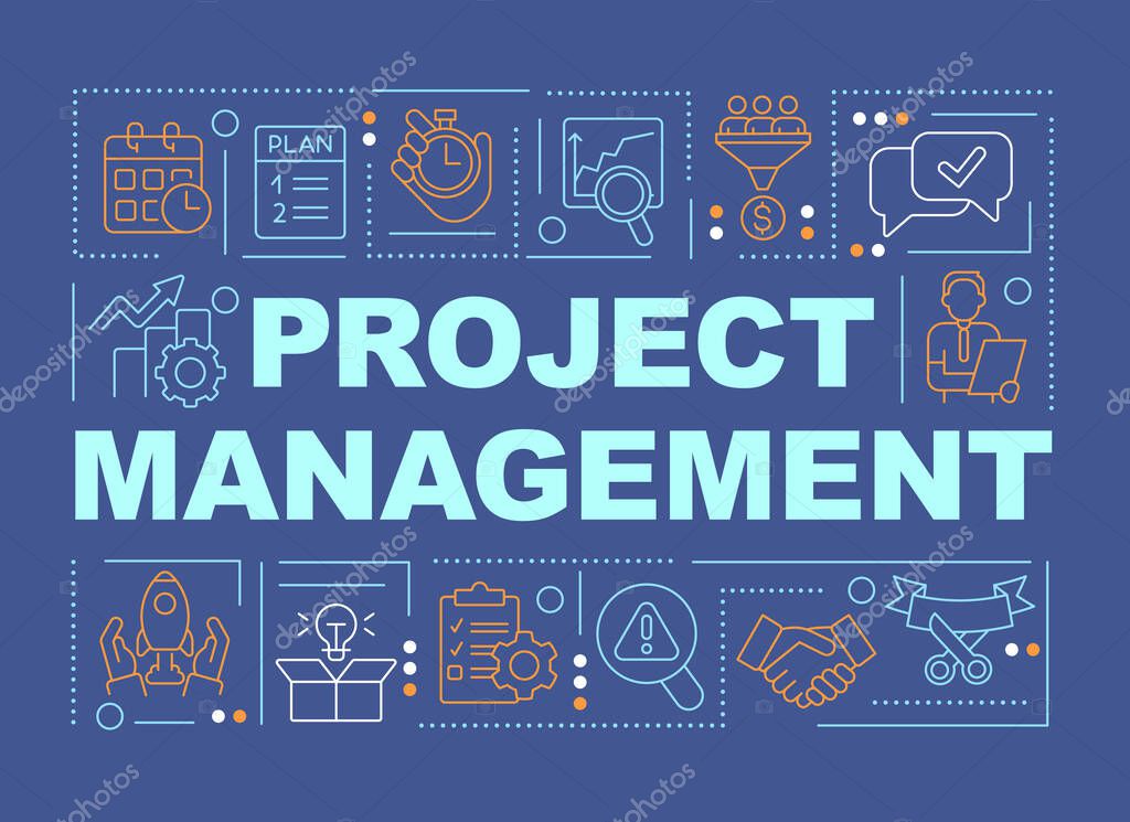 Project management word concepts dark blue banner. Strategy. Infographics with editable icons on color background. Isolated typography. Vector illustration with text. Arial-Black font used