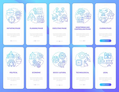 PESTLE proje yönetimi mavi gradyan mobil uygulama ekran seti üzerinde. Çizgisel kavramlarla birlikte 5 adımlık grafik talimatları gözden geçir. UI, UX, GUI şablonu. Kullanılan sayısız Pro-Kalın, Düzenli yazı tipleri