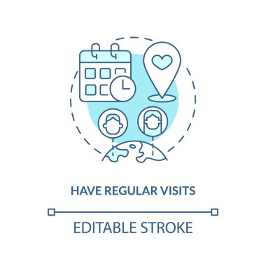 Turkuaz konsept ikonu düzenli olarak ziyaret edilsin. Uzun mesafeli ilişkilerin soyut ve ince çizgi çizimlerini düzeltiyorum. İzole bir taslak çizim. Düzenlenebilir felç. Arial, Myriad Pro-Kalın yazı tipleri