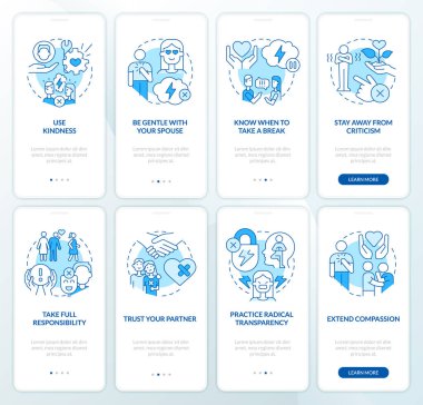 Onarım ilişkisi, evlilik mavisi mobil uygulama ekranında. Doğrusal kavramlarla düzenlenebilir grafik yönergelerini dört adımda gözden geçir. UI, UX, GUI şablonu. Kullanılan sayısız Pro-Kalın, Düzenli yazı tipleri