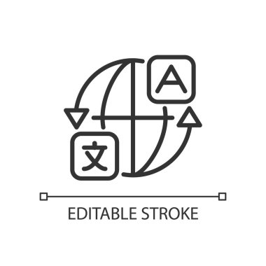 Makine çeviri yazılımı doğrusal simgesi. Yerelleştirme servisi. Profesyonel tercümanlar, tercümanlar. İnce çizgili çizim. Contour sembolü. Vektör çizimi. Düzenlenebilir felç. Kullanılan Arial yazı tipi