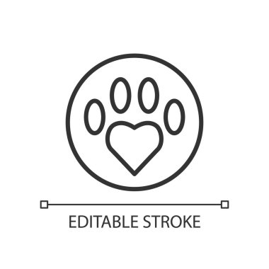 Hayvan hastanesi doğrusal ikonu. Evcil hayvanı sağlıklı tut. Sığınaktaki hayvanlara bakmak. Gönüllü program. İnce çizgili çizim. Contour sembolü. Vektör çizimi. Düzenlenebilir felç. Kullanılan Arial yazı tipi
