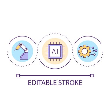 Üretim döngüsü konsepti ikonunda yapay zeka. Sanayinin dijitalleştirilmesi. Makine soyut fikir ince çizgi çizimi. İzole bir taslak çizim. Düzenlenebilir felç. Kullanılan Arial yazı tipi