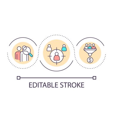 Seyirci döngüsü konsepti simgesini seçin. Müşteri davranışlarının analizi. Çalışan müşterilerin soyut bir fikre, ince çizgi çizimine ihtiyacı vardır. İzole bir taslak çizim. Düzenlenebilir felç. Kullanılan Arial yazı tipi