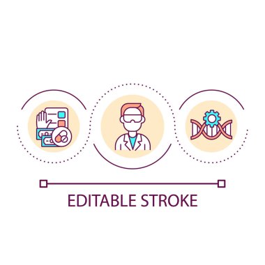 Farmakolojik araştırma döngüsü konsepti ikonu. Bilimsel laboratuvar. Biyoteknoloji geliştirme fikri soyut ince çizgi çizimi. İzole bir taslak çizim. Düzenlenebilir felç. Kullanılan Arial yazı tipi