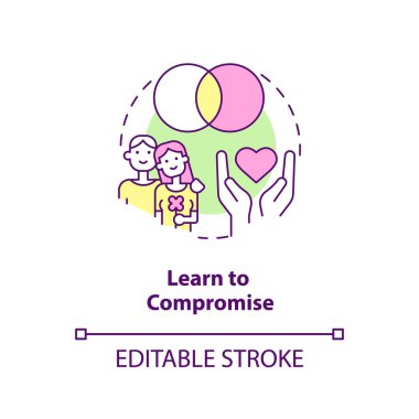 Konsept simgesinden ödün vermeyi öğren. Birlikte yaşamaya başladıktan sonra ilişkiyi korumak soyut ve ince çizgili çizgiler çizmek. İzole bir taslak çizim. Düzenlenebilir felç. Arial, Myriad Pro-Kalın yazı tipleri