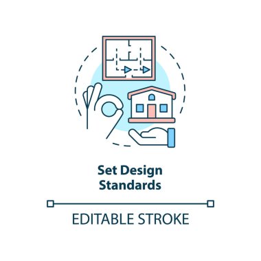 Tasarım standartları konsepti simgesini ayarla. İnşaat projesi. Konut geliştirme fikri soyut ve ince çizgiler çiziyor. İzole bir taslak çizim. Düzenlenebilir felç. Arial, Myriad Pro-Kalın yazı tipleri
