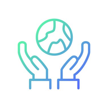 Eller Dünya 'nın gradyan doğrusal vektör simgesini tutuyor. Çevreye dikkat et. Doğal kaynakları koru. Çevre dostu alıştırma. İnce çizgi renk sembolü. Modern tarz pictogram. Vektör izole çizimi