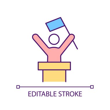 Podyum RGB renk ikonunda siyasi parti lideri. Politikacı bayrak sallıyor. Başkanlık için aday. İzole vektör çizimi. Basit bir çizgi çizimi. Düzenlenebilir felç. Kullanılan Arial yazı tipi