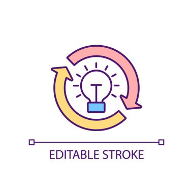 Geri dönüşümlü ampul RGB renk simgesi. Sürdürülebilir enerji tüketimi. Güç üretiminde yenilik. İzole vektör çizimi. Basit bir çizgi çizimi. Düzenlenebilir felç. Kullanılan Arial yazı tipi