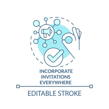 Şirket davetiyeleri her yerde turkuaz konsept ikonu. Katılım artışı soyut fikir ince çizgi çizimi. İzole bir taslak çizim. Düzenlenebilir felç. Arial, Myriad Pro-Kalın yazı tipleri