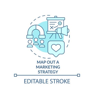 Pazarlama stratejisi turkuaz konsept simgesinin haritasını çıkar. Küçük bir olay planlamak soyut bir fikir ince çizgi çizimi. İzole bir taslak çizim. Düzenlenebilir felç. Arial, Myriad Pro-Kalın yazı tipleri