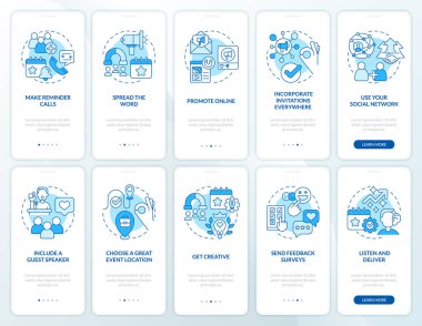 Gezici uygulama ekranında toplantı mavisi artırılıyor. Doğrusal kavramlarla düzenlenebilir grafik yönergelerini 5 adımda gezdir. UI, UX, GUI şablonu. Kullanılan sayısız Pro-Kalın, Düzenli yazı tipleri