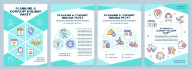 Şirket tatil partisi için naneli broşür planlama. Çizgisel simgeli broşür tasarımı. Sunum için düzenlenebilir 4 vektör düzeni, yıllık raporlar. Arial-Black, Kullanılan Myriad Pro-Normal yazı tipleri
